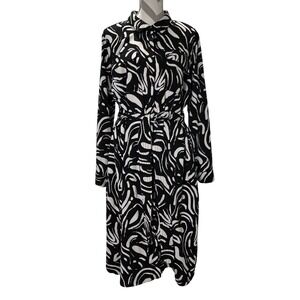 NINE WEST Black White Abstract Print Belted Shirt Dress Long Sleeve Midi 3X